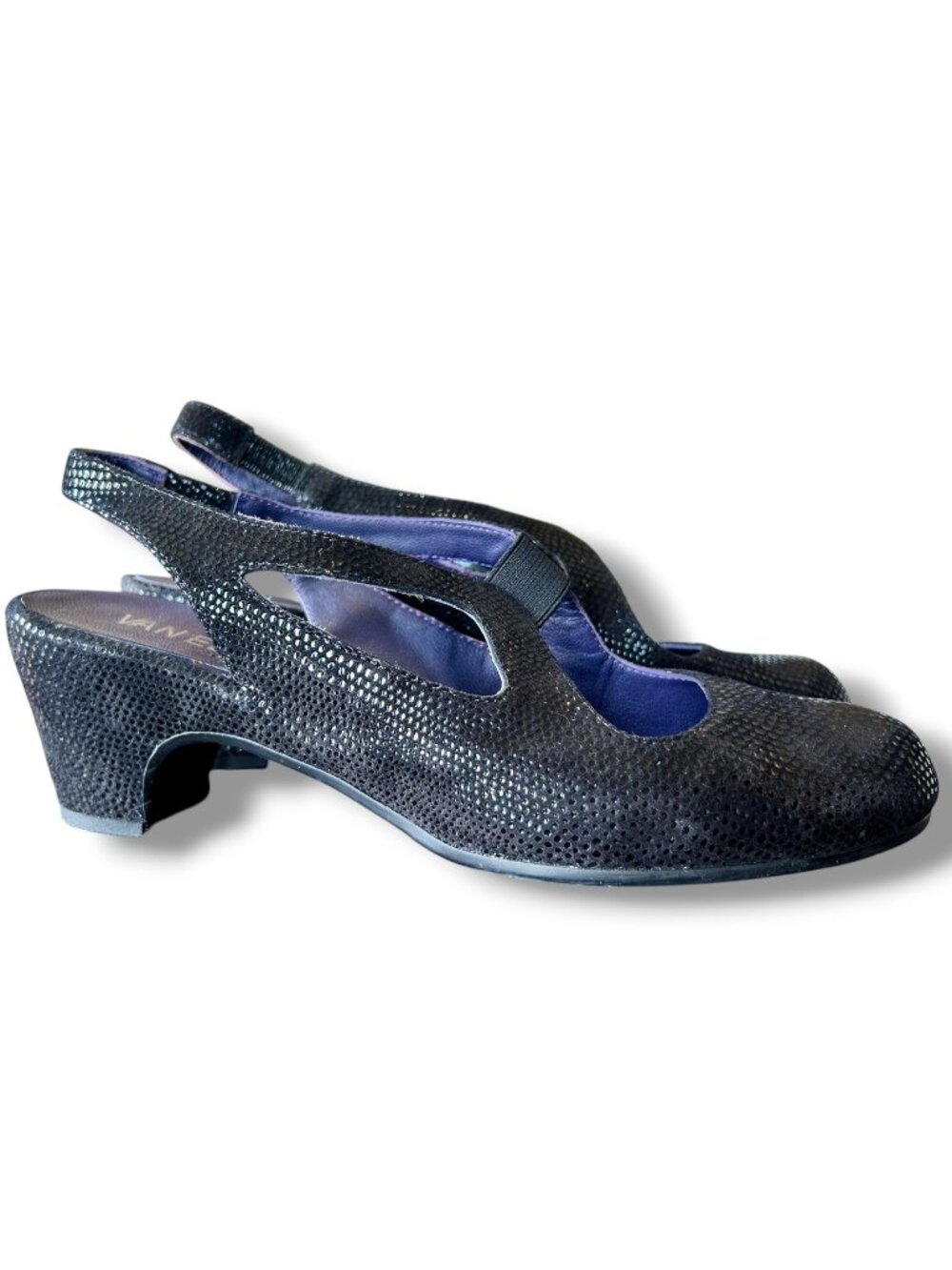 Vaneli Black Speckled Suede Slingback Heels cutouts animal print